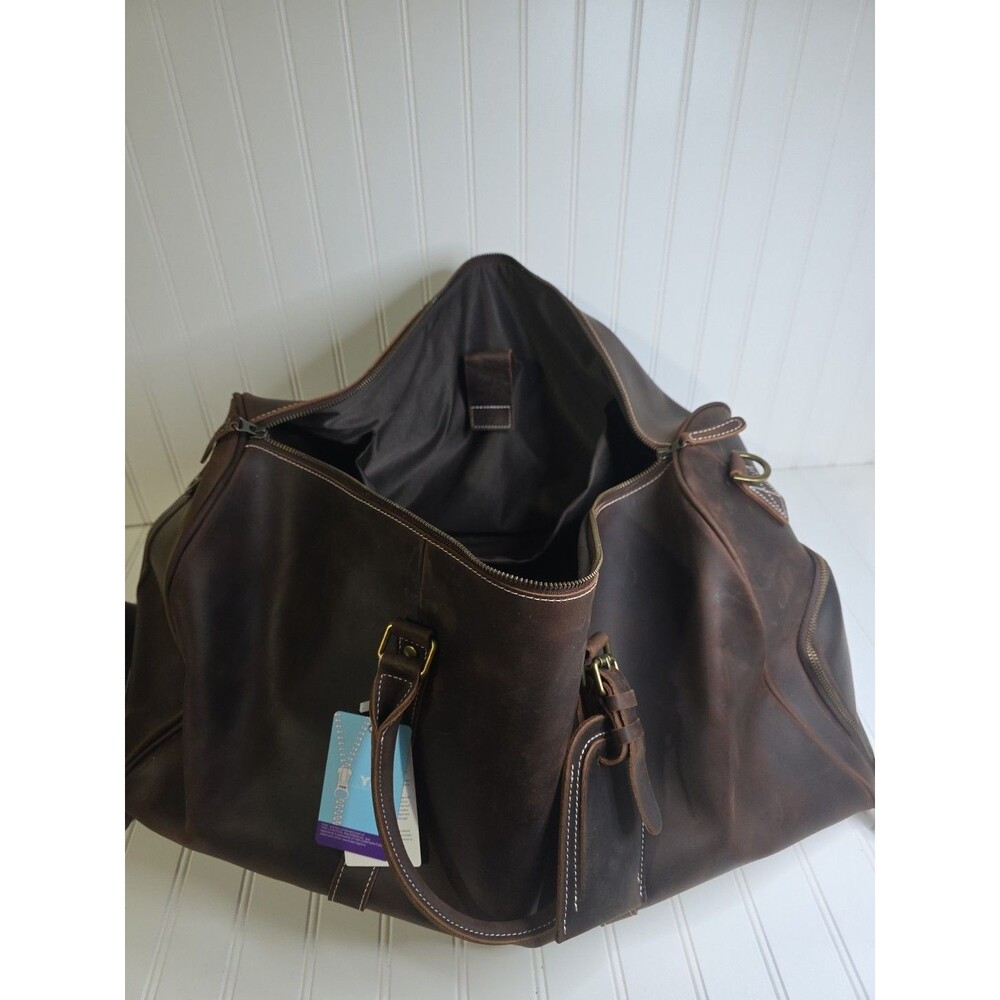 NEW LEATHFOCUS CHOCOLATE BROWN LEATHER TRAVEL DUFFLE BAG CARRY ON LUGGAGE-24inch - Picture 10 of 16